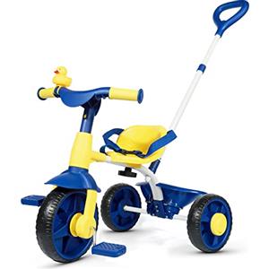 KRIDDO Tricicli 2 in 1 per Bambini dai 18 Mesi a 3 Anni, Ruote EVA Migliorate, Triciclo Regalo per Bambini Piccoli, Tricicli per Bambini con Manico per Spingere e Campanello a Forma di Anatra, Blu