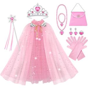 Vicloon Mantello da Principessa, 11 Pcs Mantello con Paillettes Lucide Principessa Costume, Bacchetta, Collana, Anello e Orecchini, Principessa Vestita per Feste, Giochi di Ruolo, Halloween (Rosa)