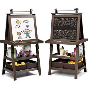 COSTWAY 3 in 1 Cavalletto per Bambini con Doppia Faccia, Cavalletto per Disegno con 2 Vassoi e 2 Scatole, Lavagna Bambini in Legno (caffè)