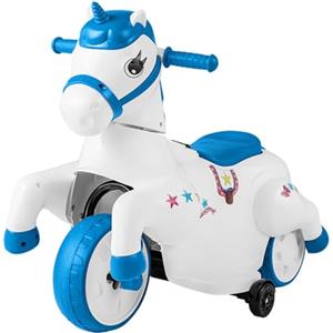 COSTWAY 12V Giocattolo Unicorn a Cavallo, Macchina Cavalcabile con Ruote di Addestramento Modalità di Equitazione, Musica Panello LED, Cavallo a Motore per Bambini 3 Anni+ (Blu)