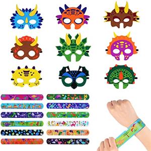 AOMIG Maschere Bambini Feste, 9 Pezzi Maschere di Dinosauro Maschere Feltro Halloween con 12 Bracciali, Mascherine Carnevale Bambini Gadget Mascherine per Carnevale Halloween Festa Cosplay