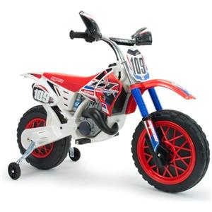 INJUSA - Moto Elettrica Cross CR, Batteria 6V, per Bambini +3 Anni, con Elastici sulla Ruota Motrice, Acceleratore nel Manubrio, Freno Elettrico, Velocità 6 km/h, Bianca