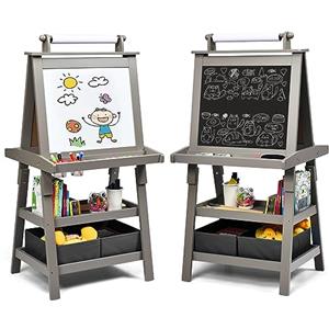 COSTWAY 3 in 1 Cavalletto per Bambini con Doppia Faccia, Cavalletto per Disegno con 2 Vassoi e 2 Scatole, Lavagna Bambini in Legno (Grigio)