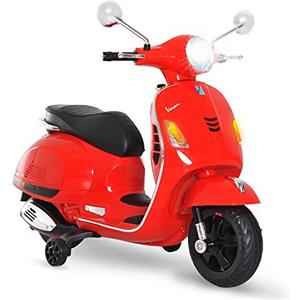 HOMCOM Vespa Moto Elettrica per Bambini, 6V Motorino Elettrico per Bambini 3-6 Anni con Musica MP3 USB Scheda TF, Ruote di Supporto, Luci e Suoni, 2-3km/h, 102x50.5x75.5 cm, Rosso