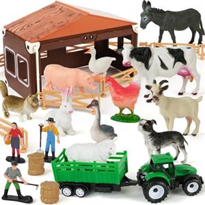 HOTUT Giocattoli Fattoria Fienile Giocattolo, Realistico Animali Giocattolo con Trattore Agricolo e Recinto, Figurine di Animali Realistici con le Figure Mappa, Bambini Giochi Animale Educativo Regalo