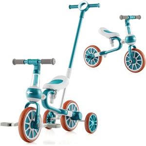 RELAX4LIFE 4 in 1 Triciclo per Bambini con Maniglione, Altezza Sedile a 2 Livelli, Maniglia di Spinta Regolabile e Pedali Rimovibili, Bicicletta Equilibrio per Bambini 2-4 anni (Verde)