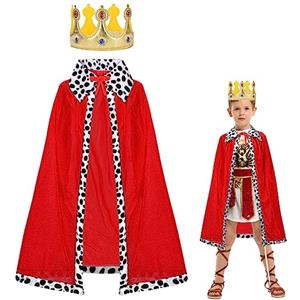 AOOWU Mantello Reale, Mantello da Principe Costume da Re Bambino con Corona Re, Mantello Rosso Set Mantello del Re per Halloween Carnevale e Feste a Tema(80CM-Bambino)