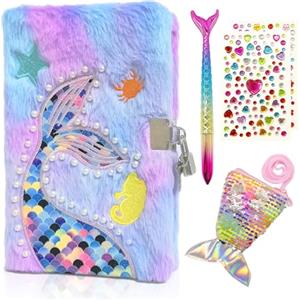 GROFIS Set di 4 Sirena Diario Segreto Bambina, Diario in Peluche con Lucchetto, 160pag Reversibile Taccuino A5 a Righe, Quaderno con Paillettes Portamonete, Penna, Adesivi, Regalo per Ragazze
