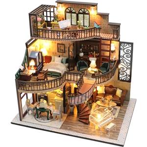 HIGSPE Miniatura Casa Fai Da Te Kit, 3D Puzzle con Mobili e Luce LED in Legno, Solaio Casa Delle Bambole di Creatività, Costruzione di Modellini per Bambini e Adulti