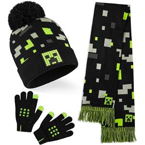 MINECRAFT Set Invernale Bambino, Creeper Accessori Invernali - Regalo Ragazzo (Nero/Grigio, 4-7 Anni)