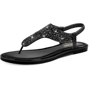 PIZZ ANNU Sandali Piatti da Donna da Estate Infradito Glitter Comodi Eleganti Toe-Post Ciabatte Scarpe per Spiaggia Casual Tacco Bassi Nero PU EU 36