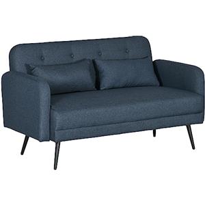 HOMCOM Divano 2 Posti con Rivestimento in Tessuto e 2 Cuscini, Divanetto Moderno con Struttura in Legno e Acciaio, 135x74x82cm Blu Scuro