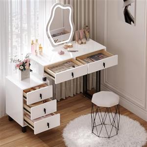 WOLTU Toeletta con Luce LED, Luminosità Regolabile, Tavolino da Trucco con Specchio a Nuvola, con Piano Lucido, 5 Cassetti in legno massiccio, 1 Cassettiera, Moderno, Bianco e Nero