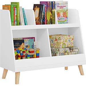 Lestarain Libreria Montessoriana per Bambini, Portalibri con 5 Vani Aperti, Scaffale per Libri da Terra con Gambe in Pino, Mobiletto per Cameretta, Bianco, 82x35x70cm