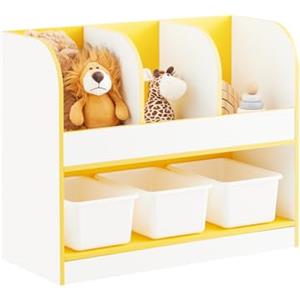 SoBuy Libreria montessoriana per bambini Scaffale portagiochi con 3 cestini di plastica Portariviste Bianco-Giallo 70x30x58cm KMB107-G