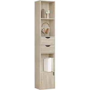 WOLTU Libreria Scaffale Moderna in Legno, Libreria Verticale con 3 Vani Aperti, 2 Cassetti e 1 Armadietto, Mobile Portaoggetti Portalibri da Terra con Ripiano Regolabile, Legno Chiaro, 30x24x158cm