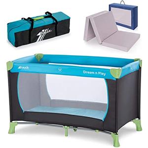 hauck Set Dream N Play Culla da Campeggio con Materasso 120x60cm - Culla neonato da Viaggio Pieghevole - Lettino da Campeggio per Bambini con Borsa - Blu Acqua