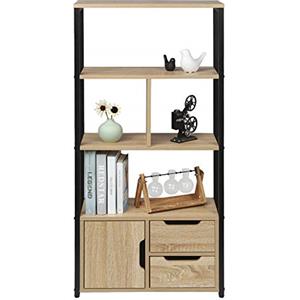 WOLTU Libreria Moderna Design, 58 x 24 x 122 cm, Scaffale per Libri CD, con Cassetti e Ante, in Legno e Metallo, Rovere Chiaro RGB09hei