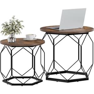 WOLTU Set di 2 Tavolini da Salotto Rotondi, Tavolini Contenitori in Legno e Metallo, Tavoli da Caffè con Piano Rimovibile, per Soggiorno, Camera da Letto, Marrone Rustico, BTS05vbn