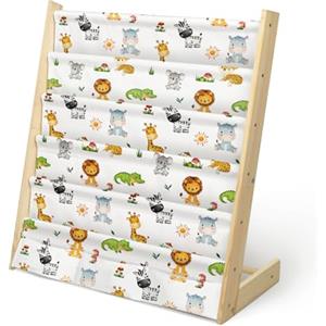 wooshwa Libreria Montessoriana per Bambini,Scaffale a 5 Livelli in Tessuto per Bambini,Librerie per Camerette con 3 Tasche con Maniche Profonde,63 * 30 * 73cm (Animali del bosco)