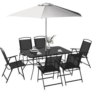 Outsunny Set Mobili da Giardino 8 Pezzi in Metallo, Salotto da Esterno con Tavolo, 6 Sedie Pieghevoli e Ombrellone, Bianco e Nero