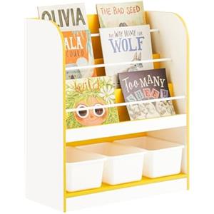 SoBuy Libreria montessoriana per bambini Scaffale portagiochi con 3 cestini di plastica Portariviste Bianco-Giallo 63x30x76cm KMB108-G