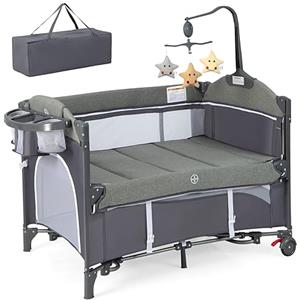 RELAX4LIFE 5 in 1 Lettino Neonato con Materasso, Lettino da Campeggio con Fasciatoio e Cintura di Fissaggio, Altezza Regolabile in 4 Livelli, Adatto a Bambini da 0 a 36 Mesi (Grigio)