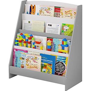 Lestarain Libreria Montessoriana per Bambini in Legno, Mobiletto Porta Libri con 4 Scomparti Aperti, Scaffale per Libri da Terra per Cameretta, Bianco e Grigio, 61x30x70cm