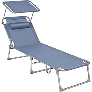 SONGMICS Lettino Prendisole, Sedia a Sdraio Pieghevole, 193 x 53 x 29 cm, Max Portata 150 kg, con Poggiatesta Parasole e Schienale Reclinabile, per Terrazzo Piscina Giardino, Blu GCB192Q01