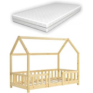 [en.casa] Letto per Bambino a Forma di Casetta con Barriera Anticaduta e Materasso 160x80 cm Lettino in Legno di Pino con Sponde/Sbarre di Sicurezza - Color Legno Naturale