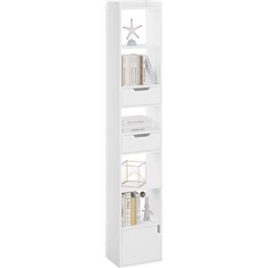 WOLTU Libreria Verticale Autoportante, Scaffale Salvaspazio Stretto e Alto, Con 2 Cassetti, 6 Ripiani Aperti e 1 Scomparto Con Anta, in Legno, Bianca, SK042ws