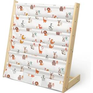 wooshwa Libreria Montessoriana per Bambini,Scaffale a 5 Livelli in Tessuto per Bambini,Librerie per Camerette con 3 Tasche con Maniche Profonde,63 * 30 * 73cm (Alfabeto animale)