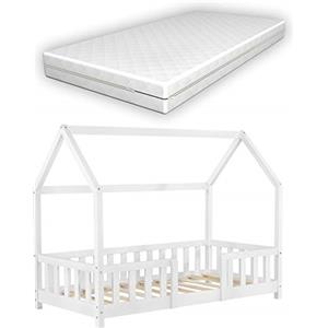 [en.casa] Letto per Bambino a Forma di Casetta con Barriera Anticaduta e Materasso 160x80 cm Lettino in Legno di Pino con Sponde/Sbarre di Sicurezza - Bianco