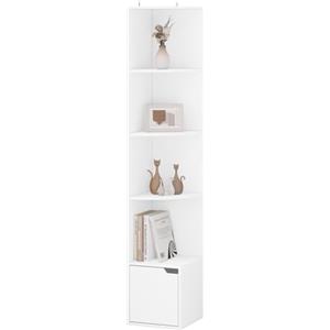 WOLTU Scaffale Angolare, Scaffale Libreria Autoportante a 5 Ripiani, Libreria ad Angolo con Armadietto con Anta, Libreria Bianca in Legno, per Studio, Ufficio, Soggiorno, 29,5x29,5x158cm, SK038ws