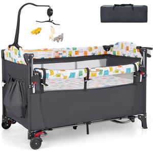 RELAX4LIFE 5 in 1 Lettino Neonato con Materasso, Culla da Campeggio con Fasciatoio e Cintura di Fissaggio, Altezza Regolabile in 4 Livelli, Adatto a Bambini da 0 a 36 Mesi (Grigio)