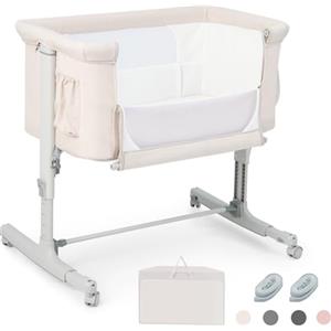 RELAX4LIFE 3 in 1 Culla Neonato Fianco Letto, Culla da Campeggio con Materasso e Cinghia Fissaggio, Regolabile In Altezza 5 Posizioni, Borsa per il Trasporto, per Bambini 0-6 Mesi Fino a 9kg (Beige)