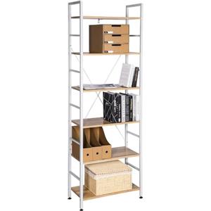 WOLTU Scaffale per Libri a 6 Piani, Libreria in piedi con Struttura in Metallo per Soggiorno/Camera da Letto/Studio, 60x27,5x180cm, Rovere Chiaro+Bianco, RGB9307whe
