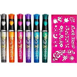 Panduro Set di 6 penne per tatuaggi per bambini, delicate sulla pelle, con 1 stencil con diversi motivi, perfette per ragazze, feste di compleanno, carnevale e Natale