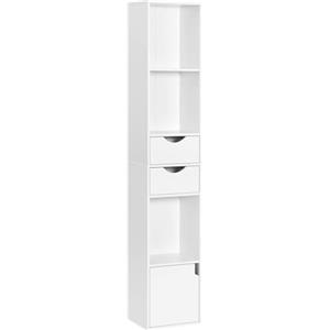 WOLTU Libreria Verticale con Scaffale Moderna in Legno, con 3 Vani Aperti, 2 Cassetti e 1 Armadietto, Mobile Portaoggetti da Terra con Ripiano Regolabile, Bianco, 30x24x158cm