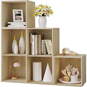WOLTU Libreria a 6 Scomparti, Scaffale Portaoggetti Autoportante a Scala, Montaggio Flessibile, per Soggiorno, Camera da letto, Ufficio, in Truciolare, Rovere Chiaro, 90x30x90cm, SK027hei