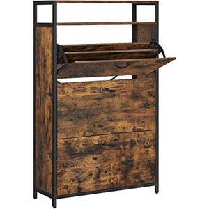 VASAGLE Scarpe, armadietto per scarpe con 3 portelli, ripiano aperto, divisorio interno, nel corridoio per 15-24 paia di scarpe, risparmio di spazio, 80 x 30 x 130 cm, LBS802B01 marrone rustico e nero