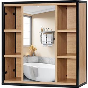 EUGAD Mobile da Bagno Salvaspazio a 6 Scomparti Aperti, Pensile da Bagno Sospeso, Porta a Specchio, con Ripiani Regolabili Mobiletto, in Metallo e Truciolare 60x16x58cm