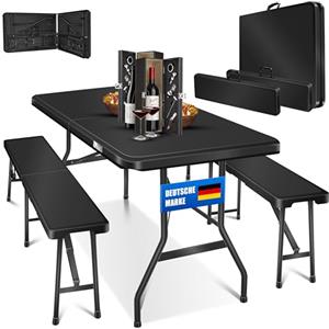 KESSER® Set tenda da birra - Set da 3 pezzi, Tavolo + 2 x Panca, per Interni - Esterni, AxLxP - 73x180x75 cm, Plastica, Set da Giardino in simil Rattan, Pieghevole, Liscio/Nero