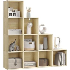 WOLTU Scaffale per Libri, Scaffale per Scale Con 10 Cubi, Libreria in Legno Ingegnerizzato Rovere Chiaro, per Camera da Letto, Soggiorno, Studio, Ufficio, 120x30x120cm, SK062hei