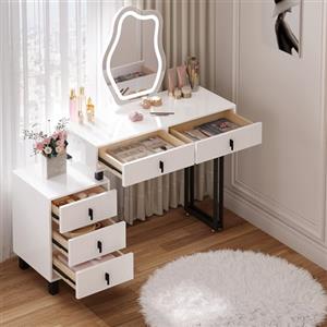 WOLTU Toeletta con Luce LED, Luminosità Regolabile, Tavolino da Trucco con Specchio a Nuvola, con Piano Lucido, 5 Cassetti in legno massiccio, 1 Cassettiera, Moderno, Bianco e Nero, MB6118ws