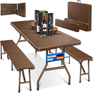 KESSER® Set tenda da birra - Set da 3 pezzi, Tavolo + 2 x Panca, per Interni - Esterni, AxLxP - 73x180x75 cm, Plastica, Set da Giardino in simil Rattan, Pieghevole, Marrone
