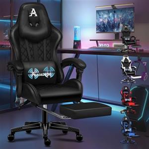 ALFORDSON Sedia da Gaming Premium con Poggiapiedi e Supporto Lombare, Design ergonomico, Reclinabile a 150°, Sedia da scrivania in Pelle con Schienale Alto per Giochi, Ufficio, Nero