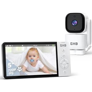 GHB Baby Monitor Video e Audio 5'', 350° Telecamera 720HD IPS Schermo, 5000mAh, Monitoraggio Temperatura, Audio Bidirezionale,VOX, Visione Notturna,Ninne Nanne