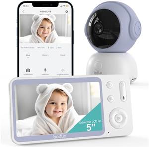 BOIFUN 2K Baby Monitor Video, Display da 5'' & 360° PTZ Telecamera, Zoom 4X, APP Mobile & Monitor LCD, Temperatura, Umidità, Movimento, Rilevamento Del Pianto, Ninna Nanna, 3000mAh Batteria,