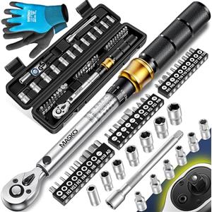 Masko® Set di Chiavi Dinamometriche 45 pezzi per Auto, Bici e Moto 1/4 di pollice 5-25Nm incl. Guanti, Presa magnetica per Candela Prese con asta di Prolunga 100mm +/- 4% di tolleranza